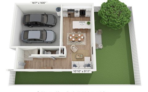 A top-down view of a house with a living room, kitchen, and two bedrooms.
